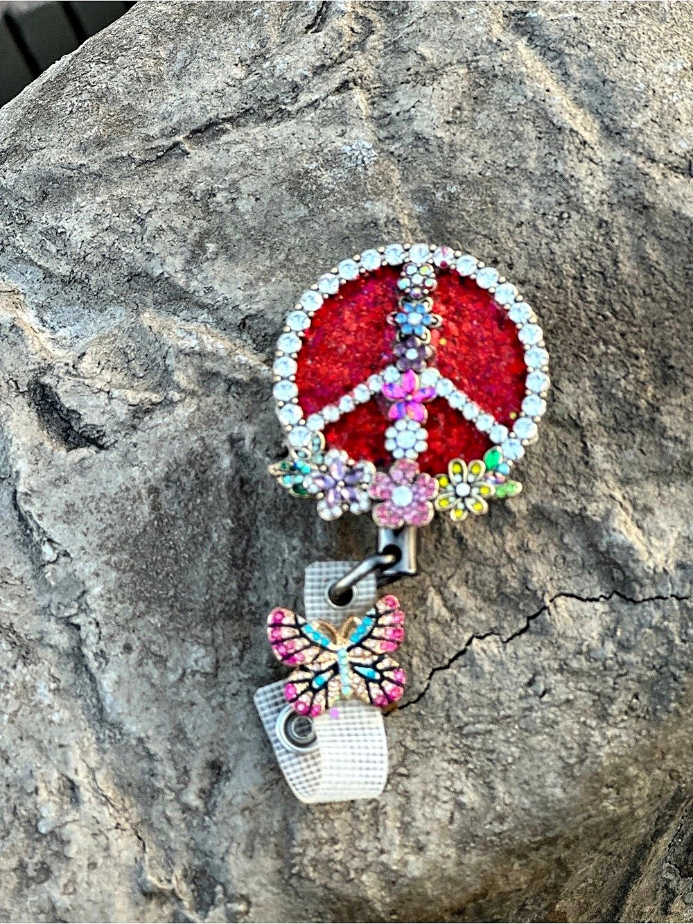 Peace Sign Butterfly BADGE REEL/ HOLDER in Red & Silver Like New